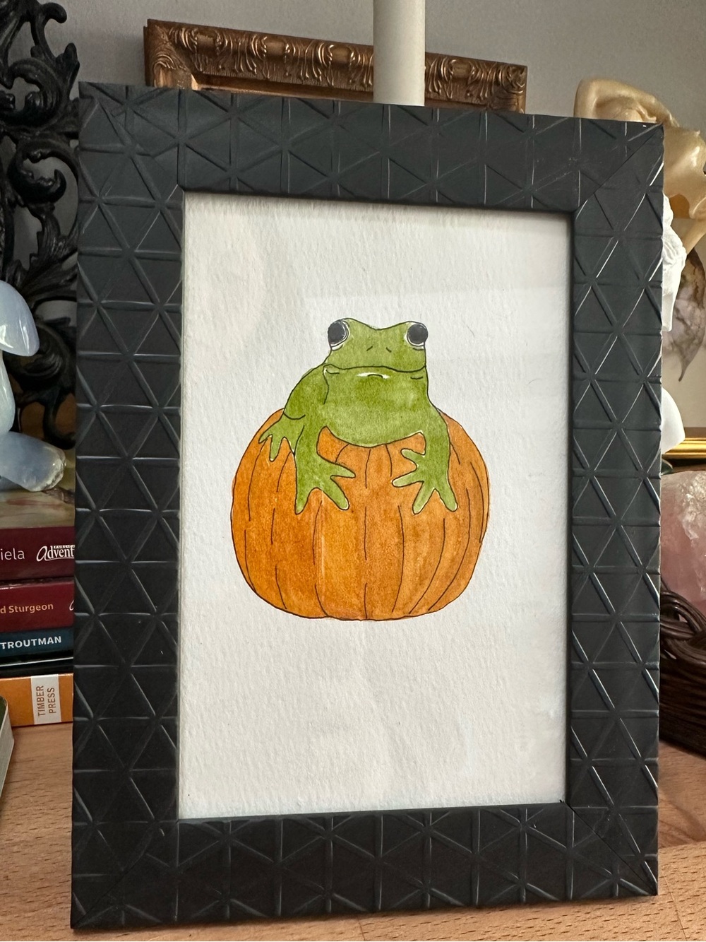 Halloween Green Frog Pumpkin framed 4x6inch watercolor original